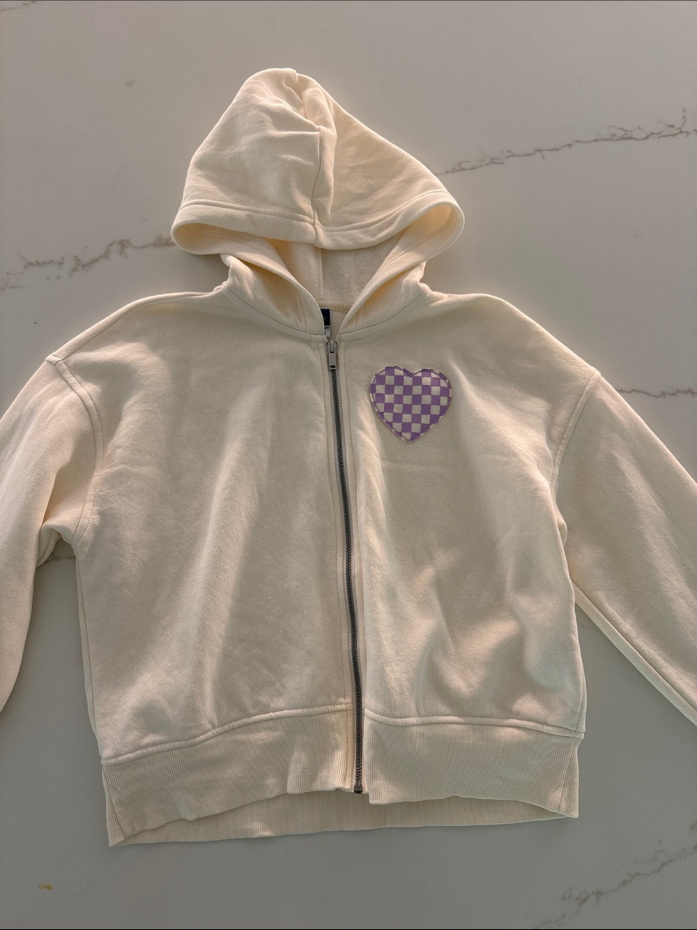 Old Navy Cream Zip Hoodie with Lavender Checkered Heart